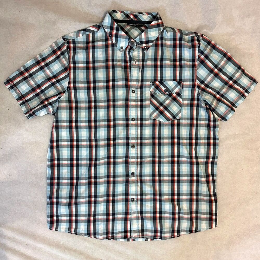 Livergy Shirt Mens XL Blue Red Plaid S/S Button Up Cotton Casual